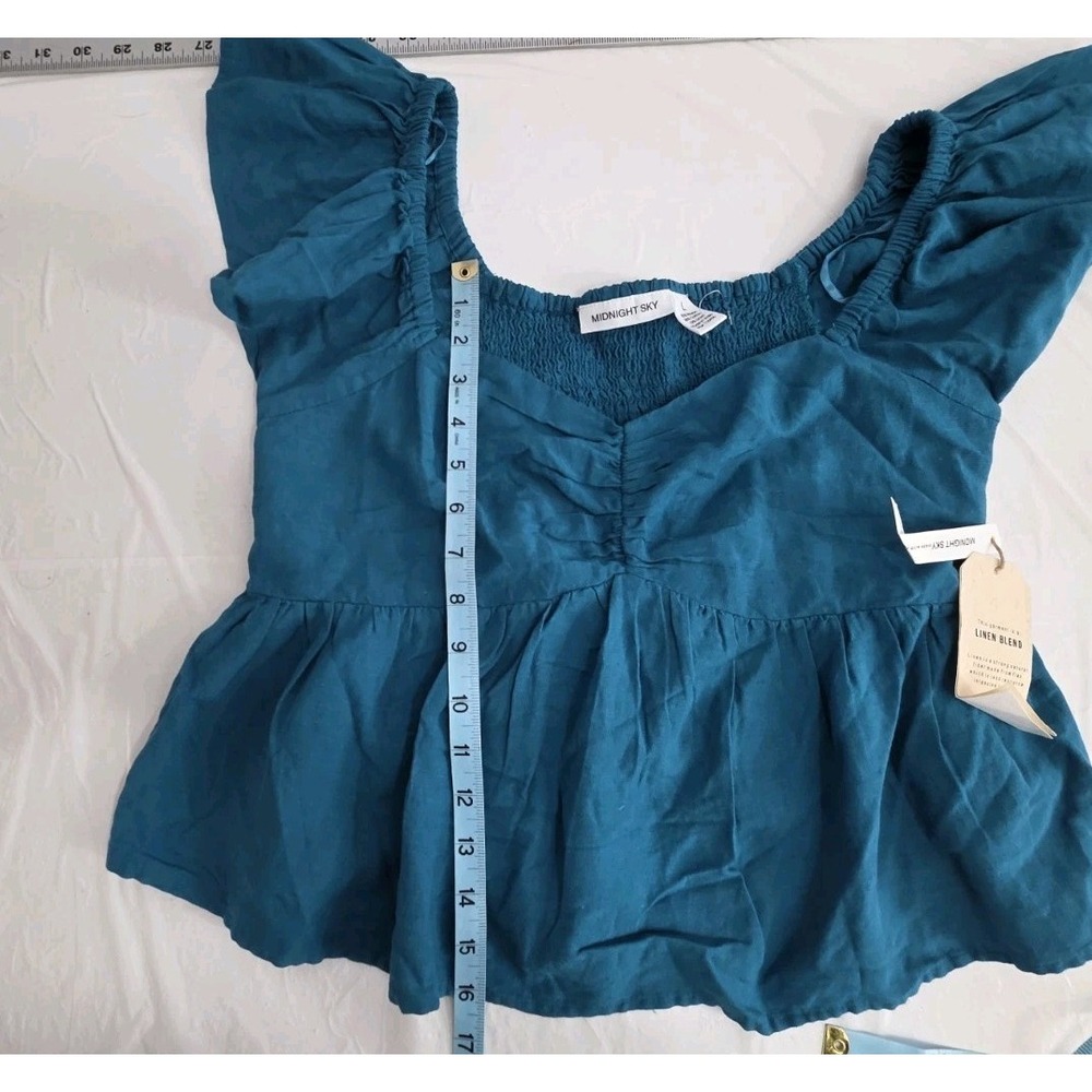 NWT Midnight Sky L Babydoll Smocked Flutter Sleeve Green Top Women's Boho Blouse - Picture 4 of 7